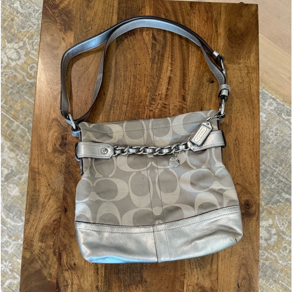 Coach F18862 Signature Sateen Shoulder/Crossbody Bag - Silver